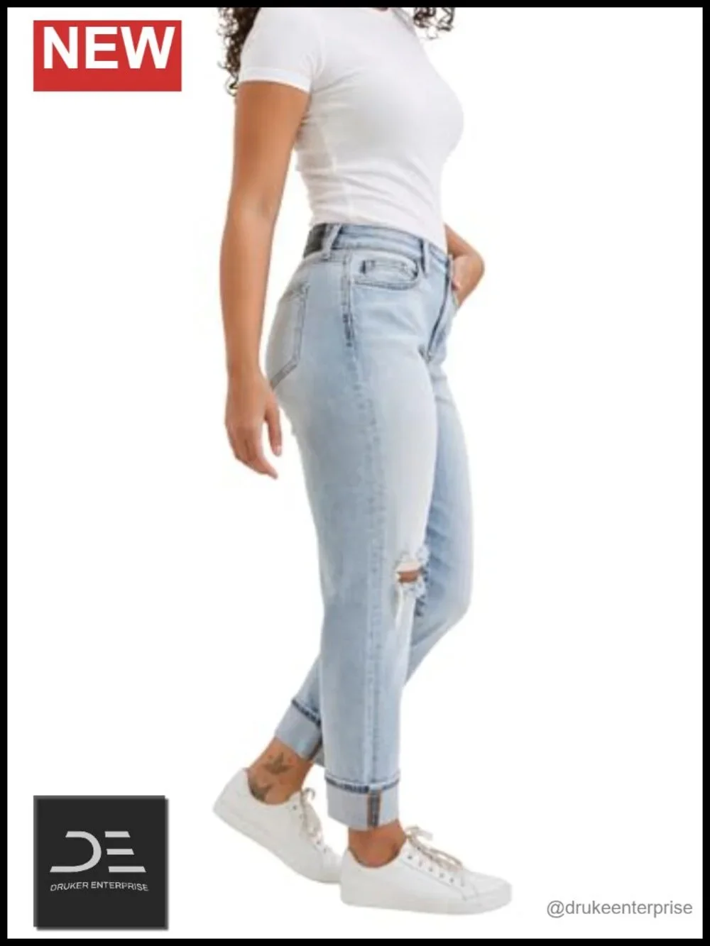 Boyfriend Jeans Mid Rise Distressed Rolled Cuff Denim with Bandana Loop Detail